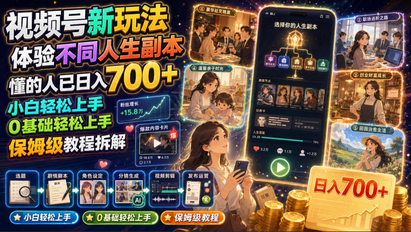 视频号新玩法体验不同人生副本，懂的人已日入700+，小白轻松上手，0基础轻松上手，保姆级教程拆解-龙祁轻创社区