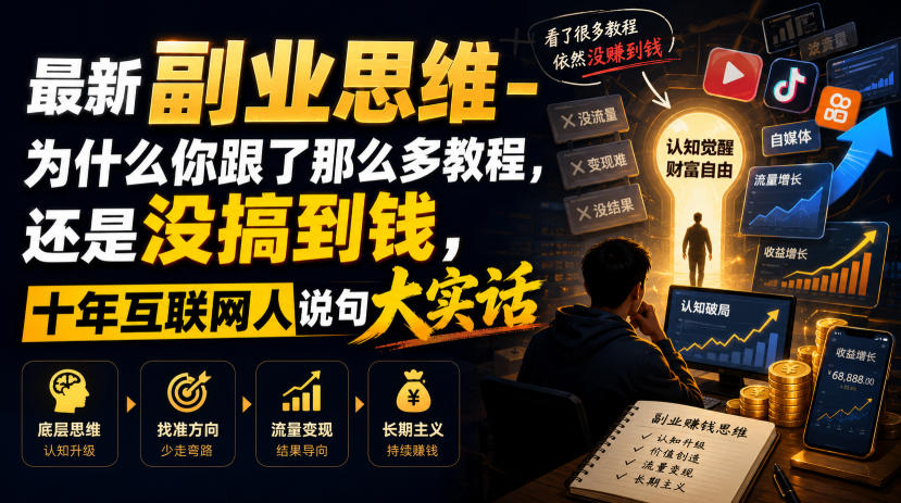 最新副业思维-为什么你跟了那么多教程，还是没搞到钱，十年互联网人说句大实话【揭秘】-龙祁轻创社区