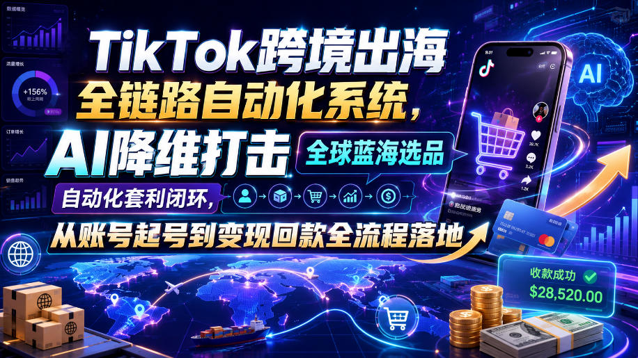 TikTok跨境出海全链路自动化系统，AI降维打击全球蓝海选品自动化套利闭环，从账号起号到变现回款全流程落地(2026年7月)-龙祁轻创社区