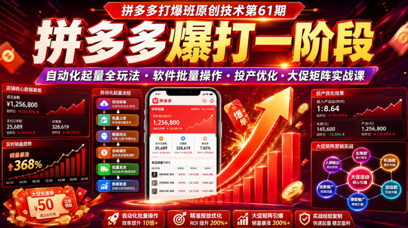 拼多多打爆班原创技术第61期，拼多多爆打一阶段，自动化起量全玩法・软件批量操作・投产优化・大促矩阵实战课-龙祁轻创社区