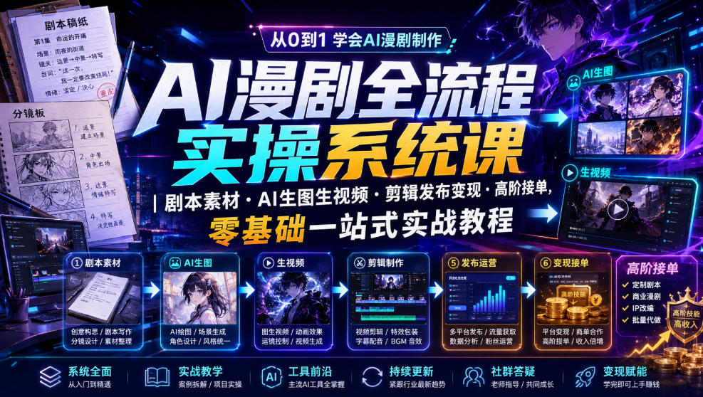 AI漫剧全流程实操系统课｜剧本素材・AI生图生视频・剪辑发布变现・高阶接单，零基础一站式实战教程-龙祁轻创社区