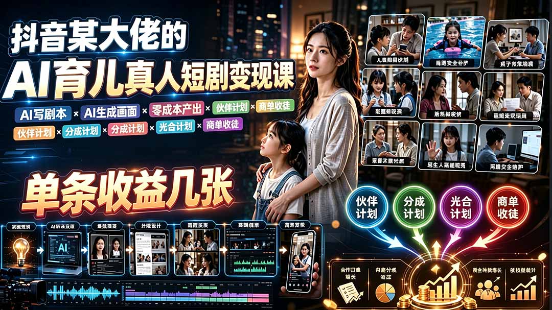 AI育儿真人短剧变现课：AI写剧本×AI生成画面×零成本产出×伙伴计划×分成计划×光合计划×商单收徒-龙祁轻创社区