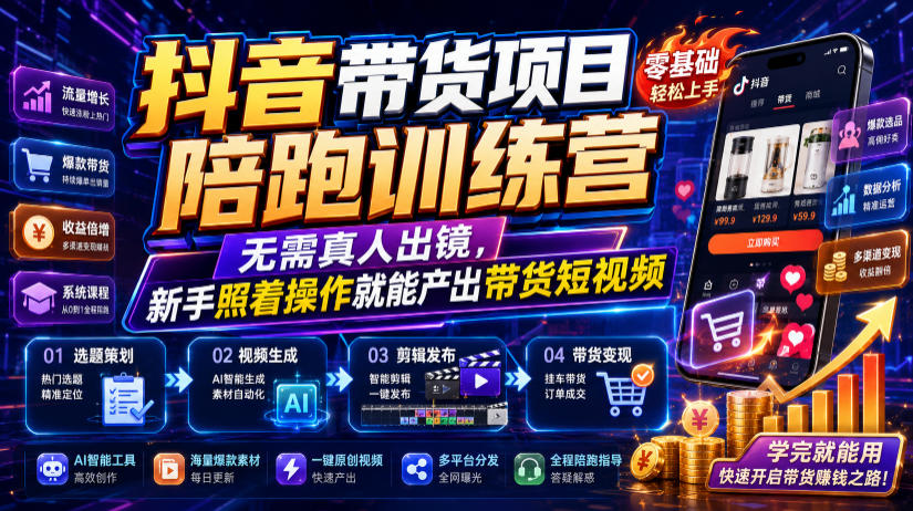 抖音带货项目陪跑训练营，无需真人出镜，新手照着操作就能产出带货短视频-龙祁轻创社区