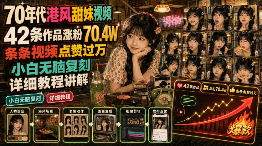 70年代港风甜妹视频，42条作品涨粉70.4W，条条视频点赞过万，小白无脑复刻，详细教程讲解-龙祁轻创社区