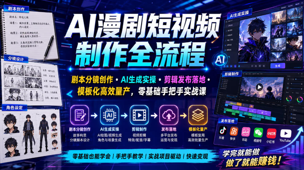 AI漫剧短视频制作全流程｜剧本分镜创作・AI生成实操・剪辑发布落地・模板化高效量产，零基础手把手实战课-龙祁轻创社区