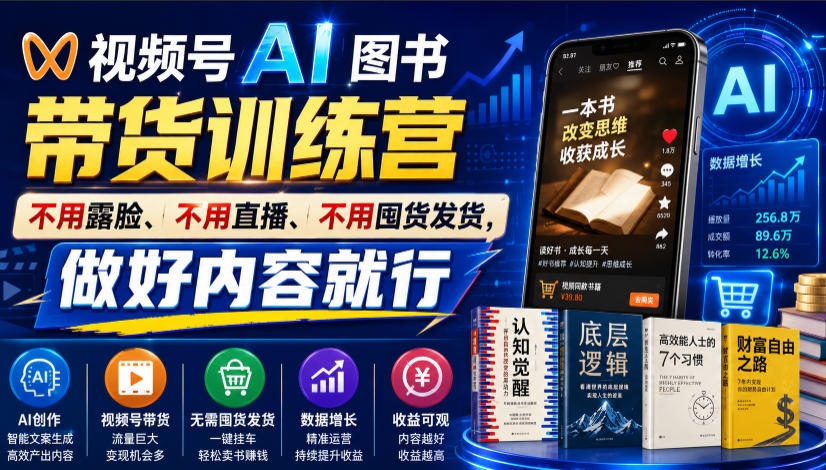 视频号AI图书带货训练营，不用露脸、不用直播、不用囤货发货，做好内容就行，一条爆款视频佣金8942-龙祁轻创社区
