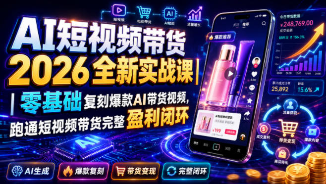 AI短视频带货2026全新实战课｜零基础复刻爆款AI带货视频，跑通短视频带货完整盈利闭环-龙祁轻创社区