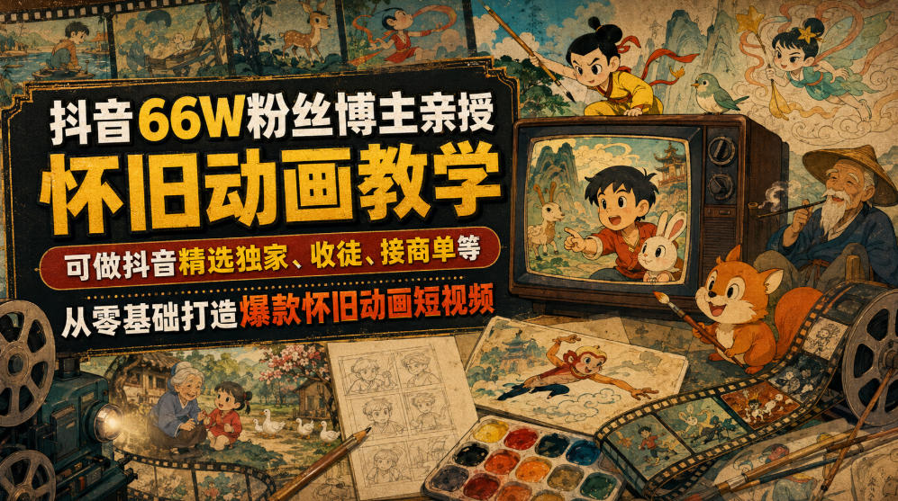抖音66W粉丝博主亲授怀旧动画教学，可做抖音精选独家、收徒、接商单等，从零基础打造爆款怀旧动画短视频-龙祁轻创社区