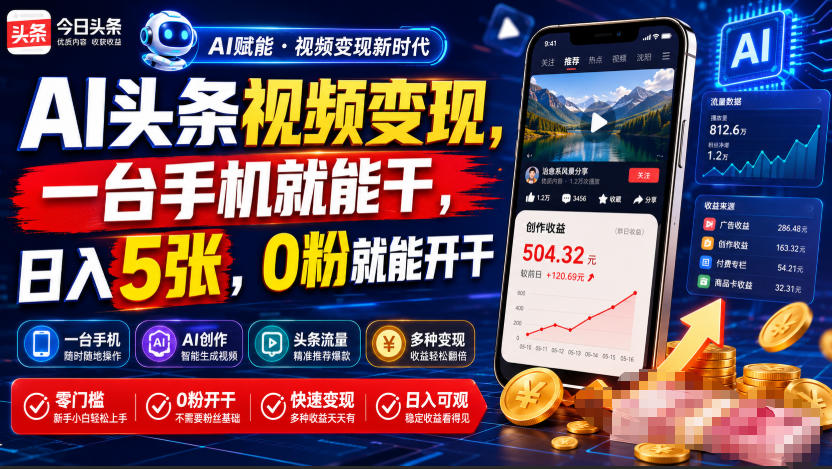 AI头条视频变现，一台手机就能干，日入5张，0粉就能开干-龙祁轻创社区