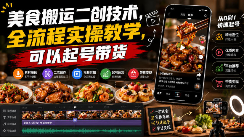 美食搬运二创技术，全流程实操教学，可以起号带货-龙祁轻创社区