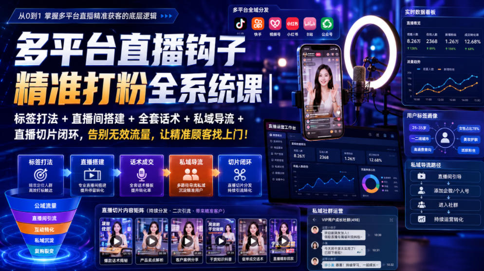 多平台直播钩子精准打粉全系统课｜标签打法+直播间搭建+全套话术+私域导流+直播切片闭环，告别无效流量，让精准顾客找上门！-龙祁轻创社区