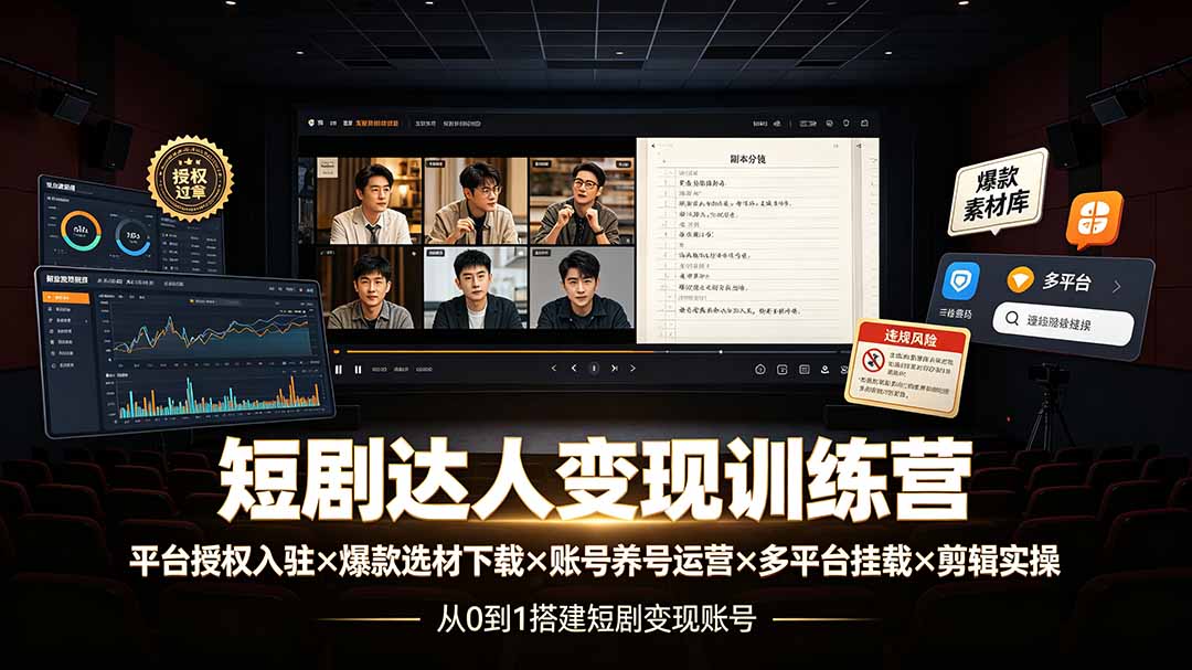 短剧达人变现训练营：平台授权入驻×爆款选材下载×账号养号运营×多平台挂载×剪辑实操×违规处理全流程-龙祁轻创社区