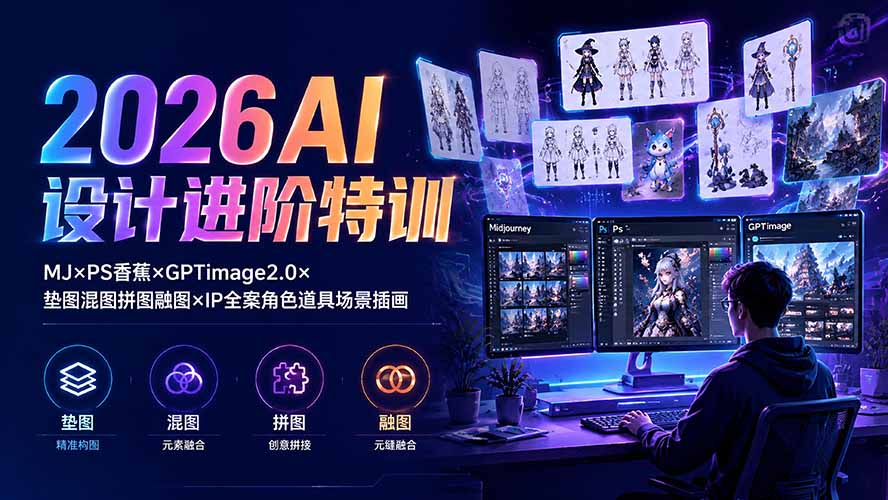 2026AI设计进阶特训：MJ×PS香蕉×GPTimage2.0×垫图混图拼图融图×IP全案角色道具场景插画-龙祁轻创社区