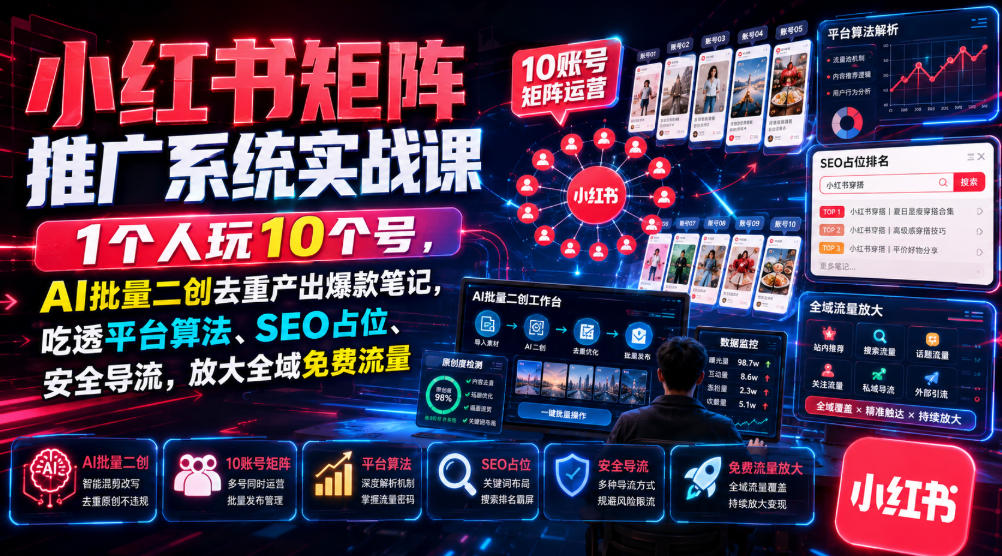 小红书矩阵推广系统实战课｜1个人玩10个号，AI批量二创去重产出爆款笔记，吃透平台算法、SEO占位、安全导流，放大全域免费流量-龙祁轻创社区