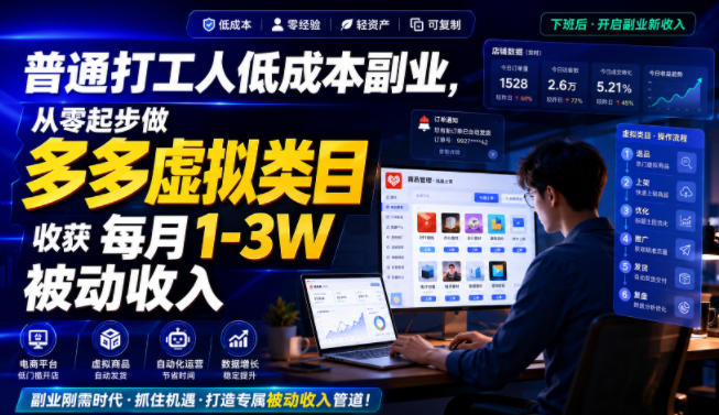 普通打工人低成本副业，从零起步做多多虚拟类目，收获每月1-3W被动收入【揭秘】-龙祁轻创社区