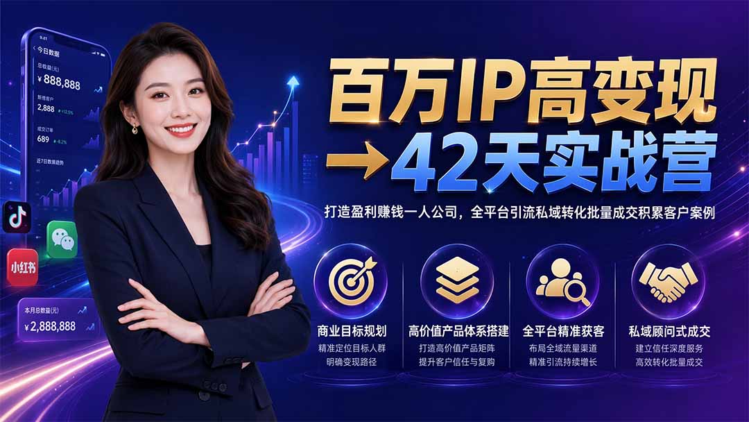 百万IP高变现→42天实战营｜打造盈利赚钱一人公司，全平台引流私域转化批量成交积累客户案例-龙祁轻创社区