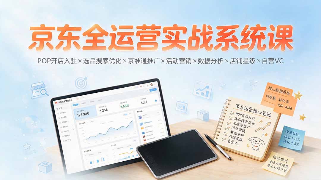 京东全运营实战系统课：POP开店入驻×选品搜索优化×京准通推广×活动营销×数据分析×店铺星级×自营VC-龙祁轻创社区