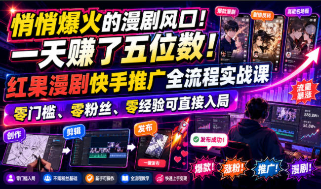 悄悄爆火的漫剧风口！一天賺了五位数！红果漫剧快手推广全流程实战课，零门槛、零粉丝、零经验可直接入局-龙祁轻创社区