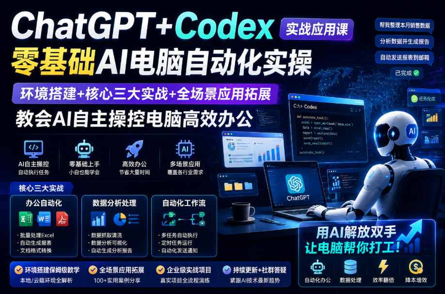 ChatGPT+Codex实战应用课｜零基础AI电脑自动化实操，环境搭建+核心三大实战+全场景应用拓展，教会AI自主操控电脑高效办公-龙祁轻创社区