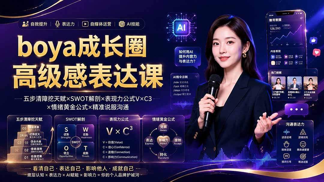 boya成长圈｜内心成长高级表达AI自媒体三合一，消解内耗挖掘天赋，镜头沟通AI指令短视频全流程教学-龙祁轻创社区