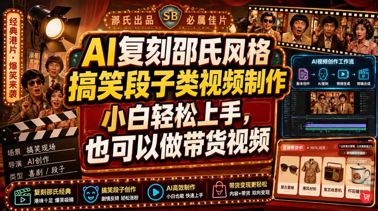 AI复刻邵氏风格搞笑段子类视频制作，小白轻松上手，也可以做带货视频-龙祁轻创社区