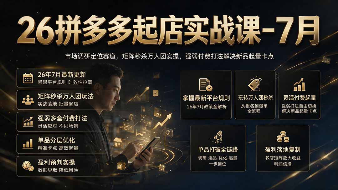 26拼多多起店实战课-7月｜市场调研定位赛道，矩阵秒杀万人团实操，强弱付费打法解决新品起量卡点-龙祁轻创社区