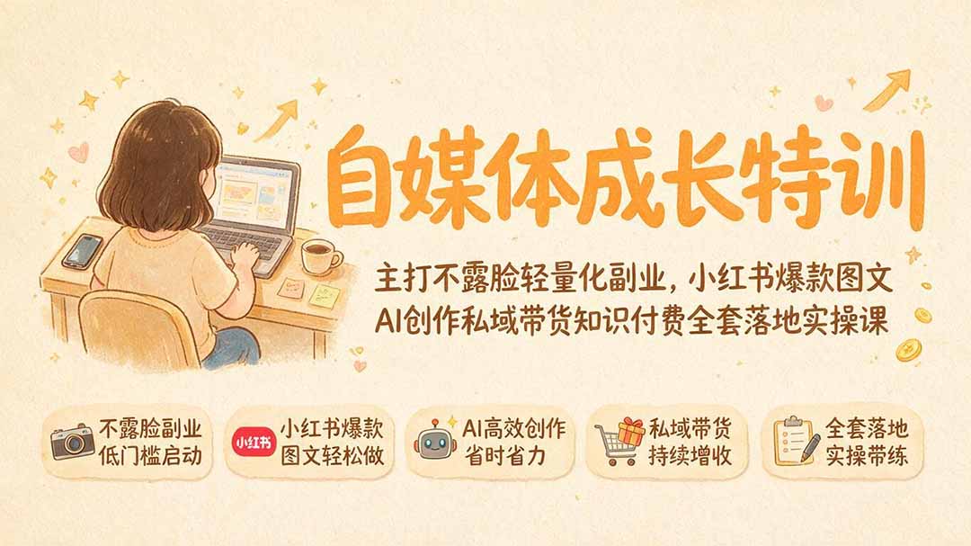 自媒体成长特训｜主打不露脸轻量化副业，小红书爆款图文AI创作私域带货知识付费全套落地实操课-龙祁轻创社区
