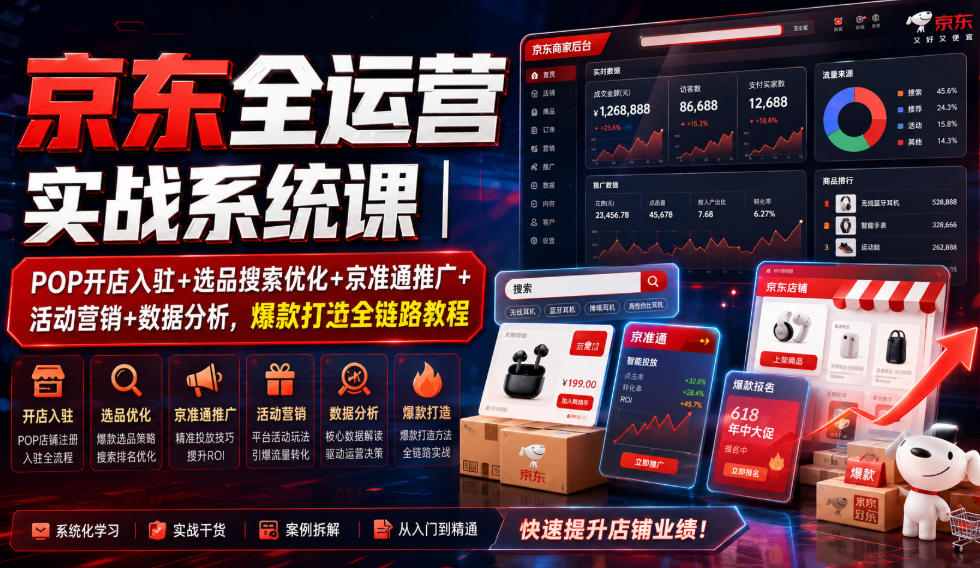 京东全运营实战系统课｜POP开店入驻+选品搜索优化+京准通推广+活动营销+数据分析，爆款打造全链路教程-龙祁轻创社区