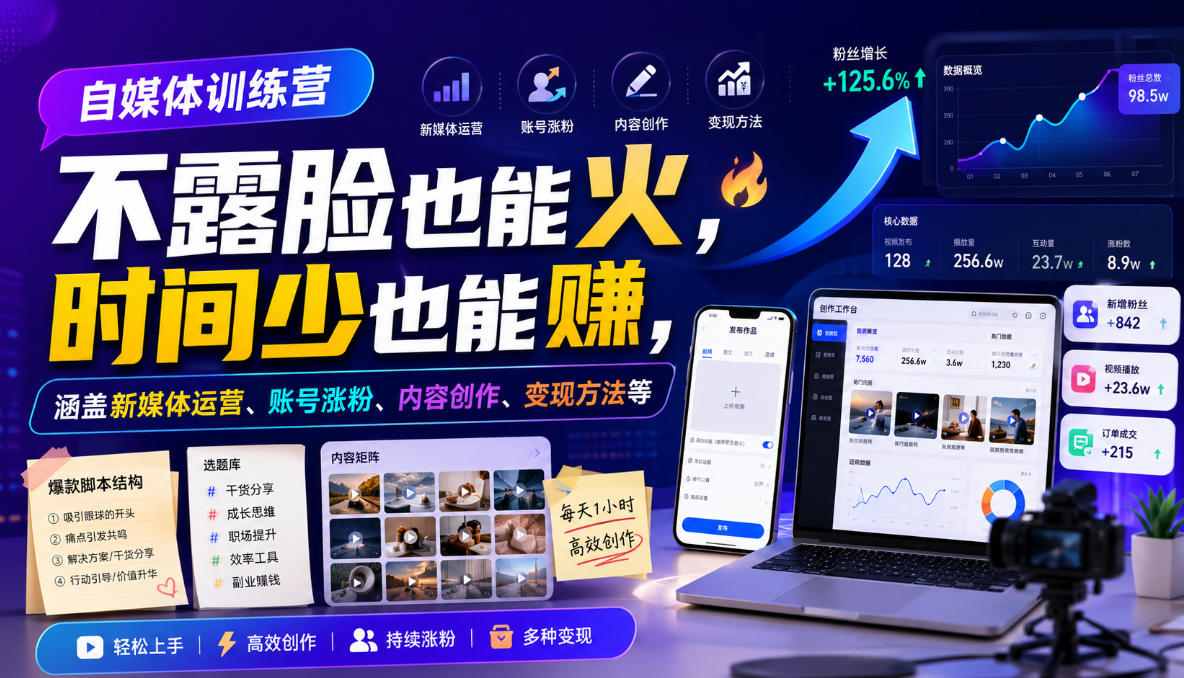 自媒体训练营，不露脸也能火，时间少也能賺，涵盖新媒体运营、账号涨粉、内容创作、变现方法等-龙祁轻创社区