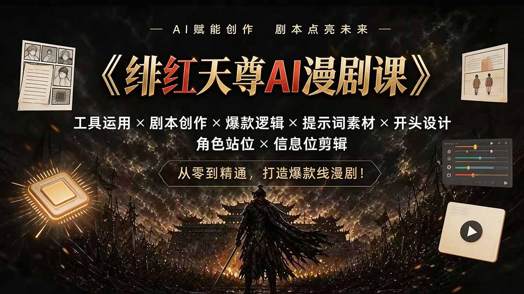 绯红天尊AI漫剧课｜工具运用×剧本创作×爆款逻辑×提示词素材×开头设计×角色站位×信息位剪辑-龙祁轻创社区