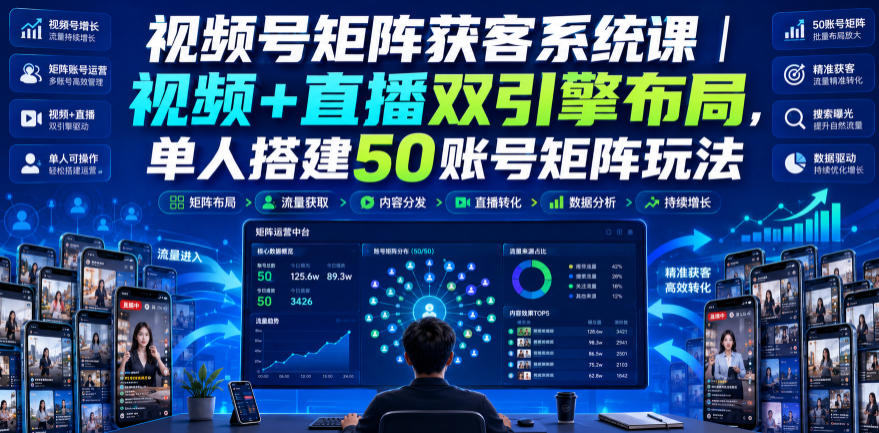 视频号矩阵获客系统课｜视频+直播双引擎布局，单人搭建50账号矩阵玩法，流量入池、搜索占位、全域引流沉淀私域全流程教学-龙祁轻创社区