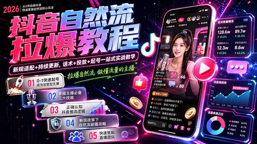 抖音自然流拉爆教程-更新7月：做懂流量的主播，新规适配+持续更新，话术+投放+起号一站式实战教学-龙祁轻创社区