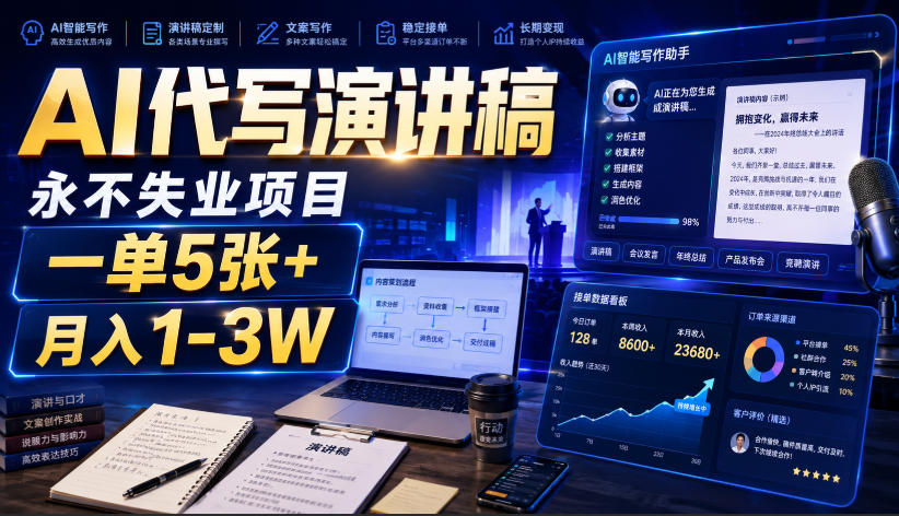 AI代写演讲稿，永不失业项目，一单5张+，月入1-3W【揭秘】-龙祁轻创社区