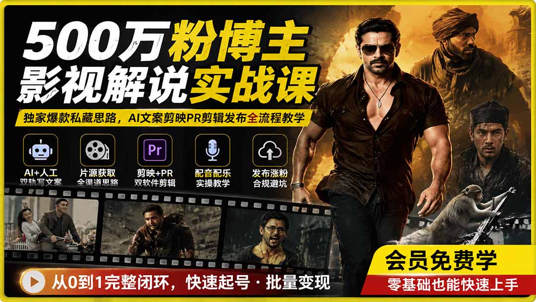 500万粉博主影视解说实战课｜独家爆款私藏思路，AI文案剪映PR剪辑发布全流程教学-龙祁轻创社区